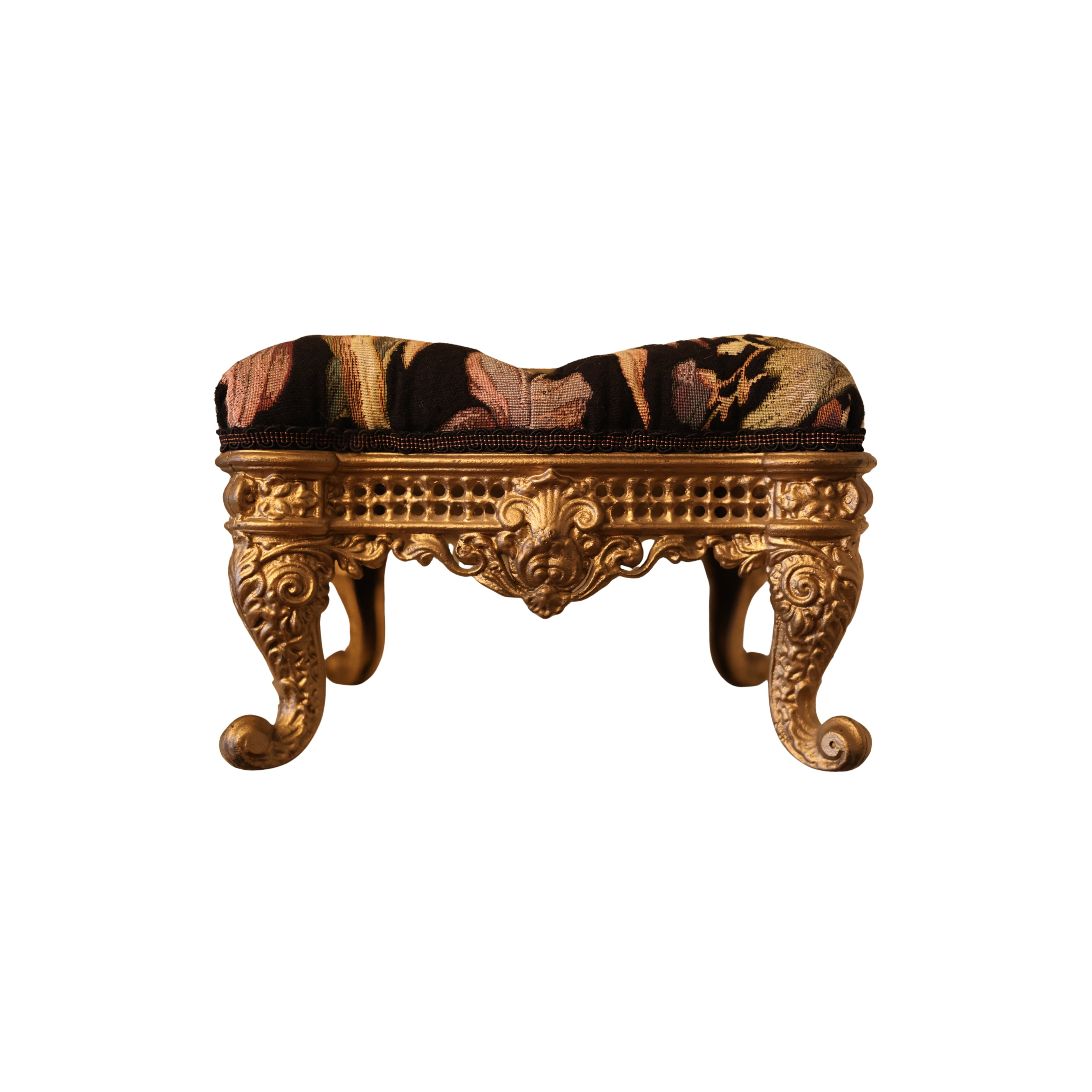Floral Upholstered Gilt Iron Footstool
