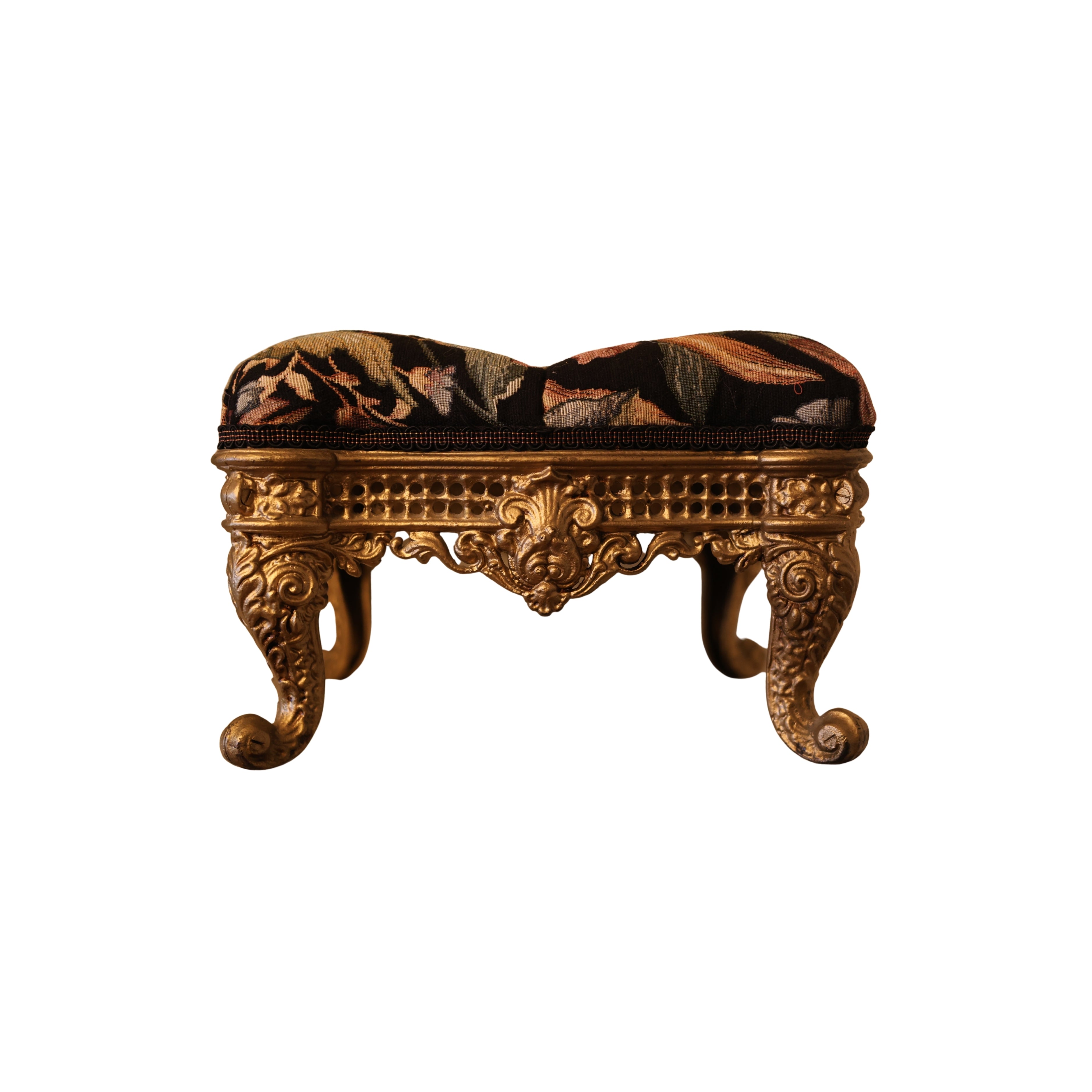 Floral Upholstered Gilt Iron Footstool