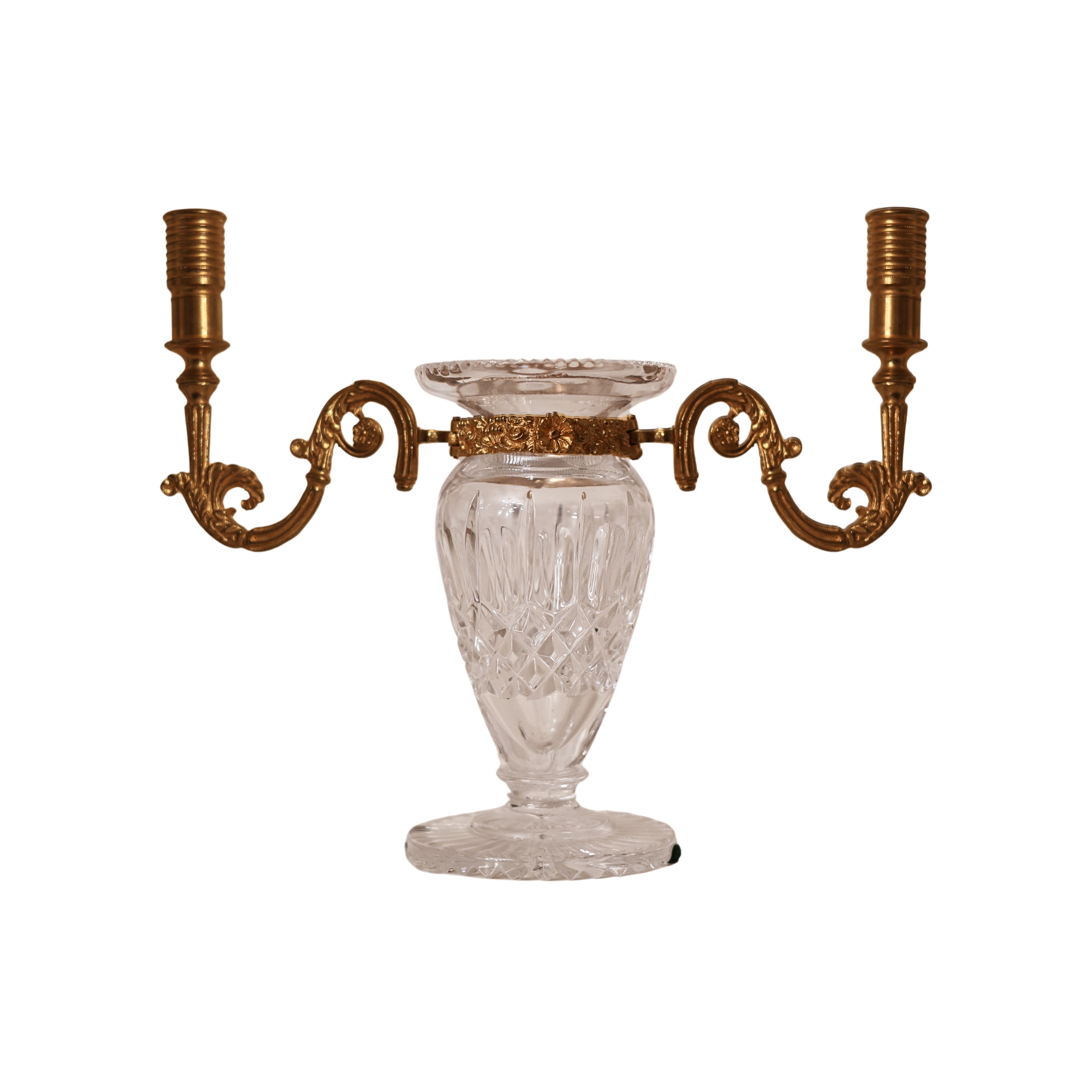 Cut Crystal Vase with Brass Dual Candle Arms