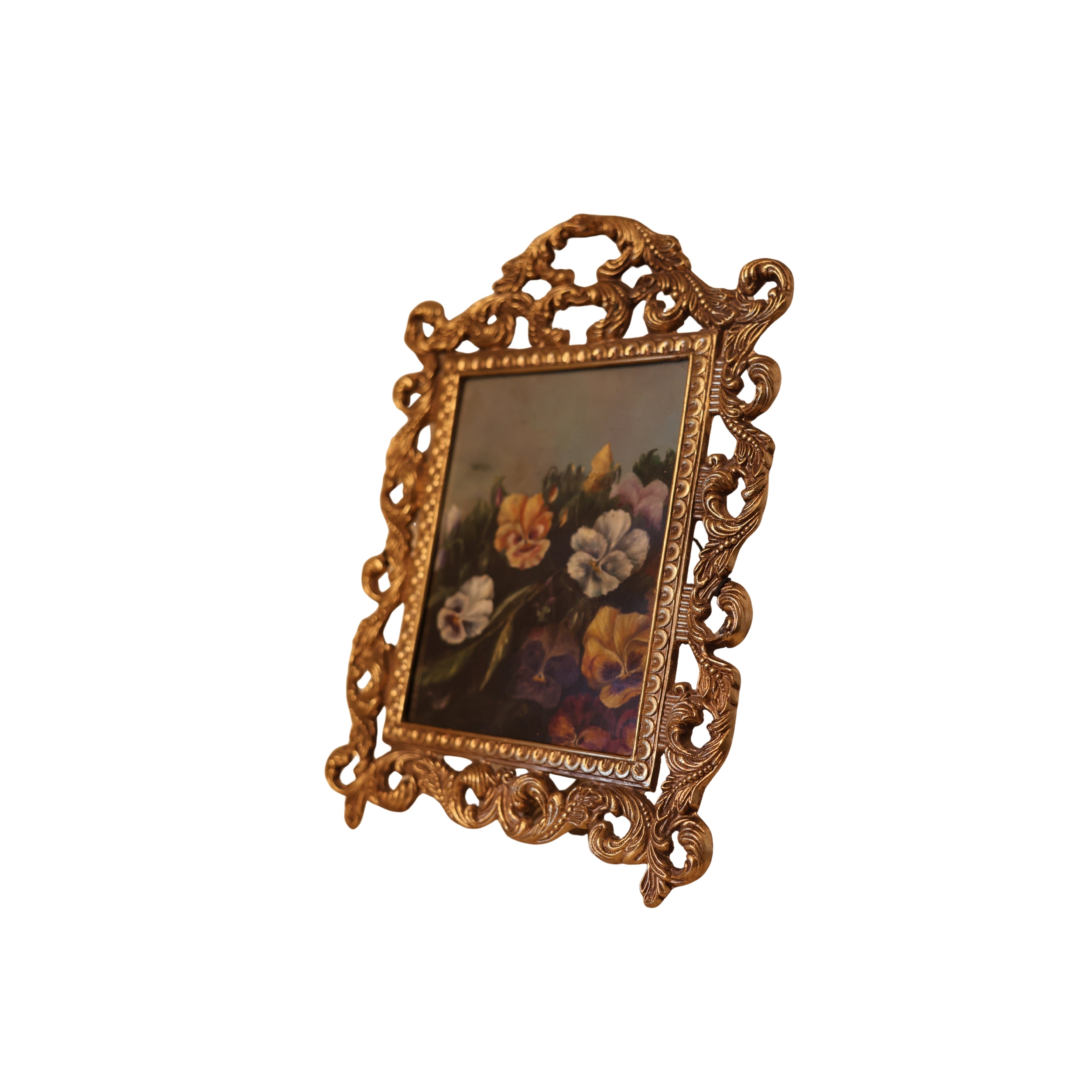 Ornate Brass Framed Pansy Oil Painting