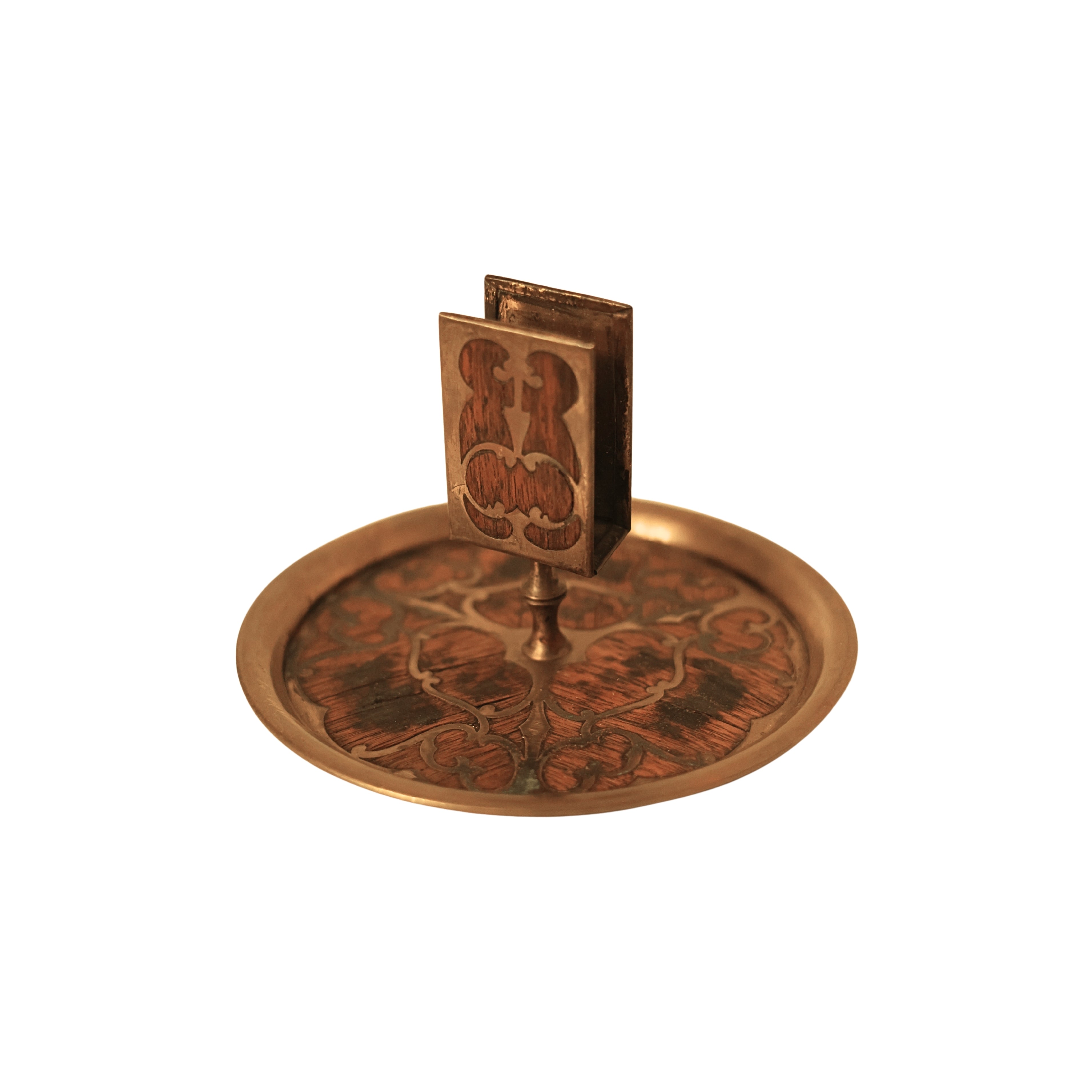 Arts & Crafts Brass and Inlaid Wood Match Holder