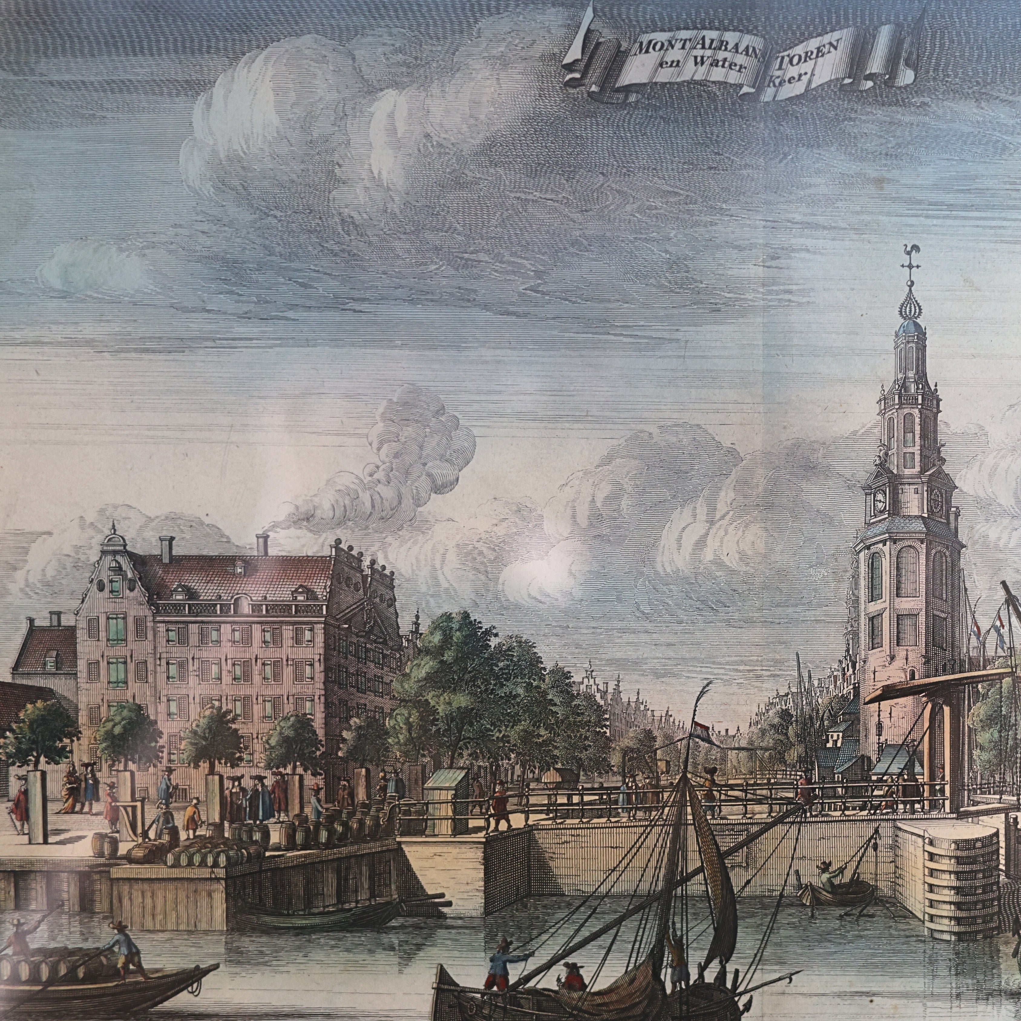 18th c. Caspar Commelin Amsterdam Engraving – Montelbaanstoren & Harbor View
