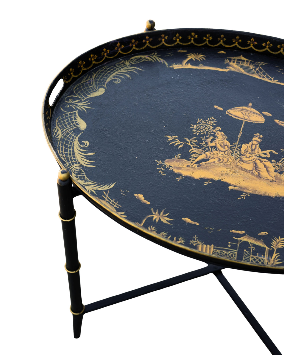 Chinoiserie Tole Tray-Top Table with Faux Bamboo Stand-5