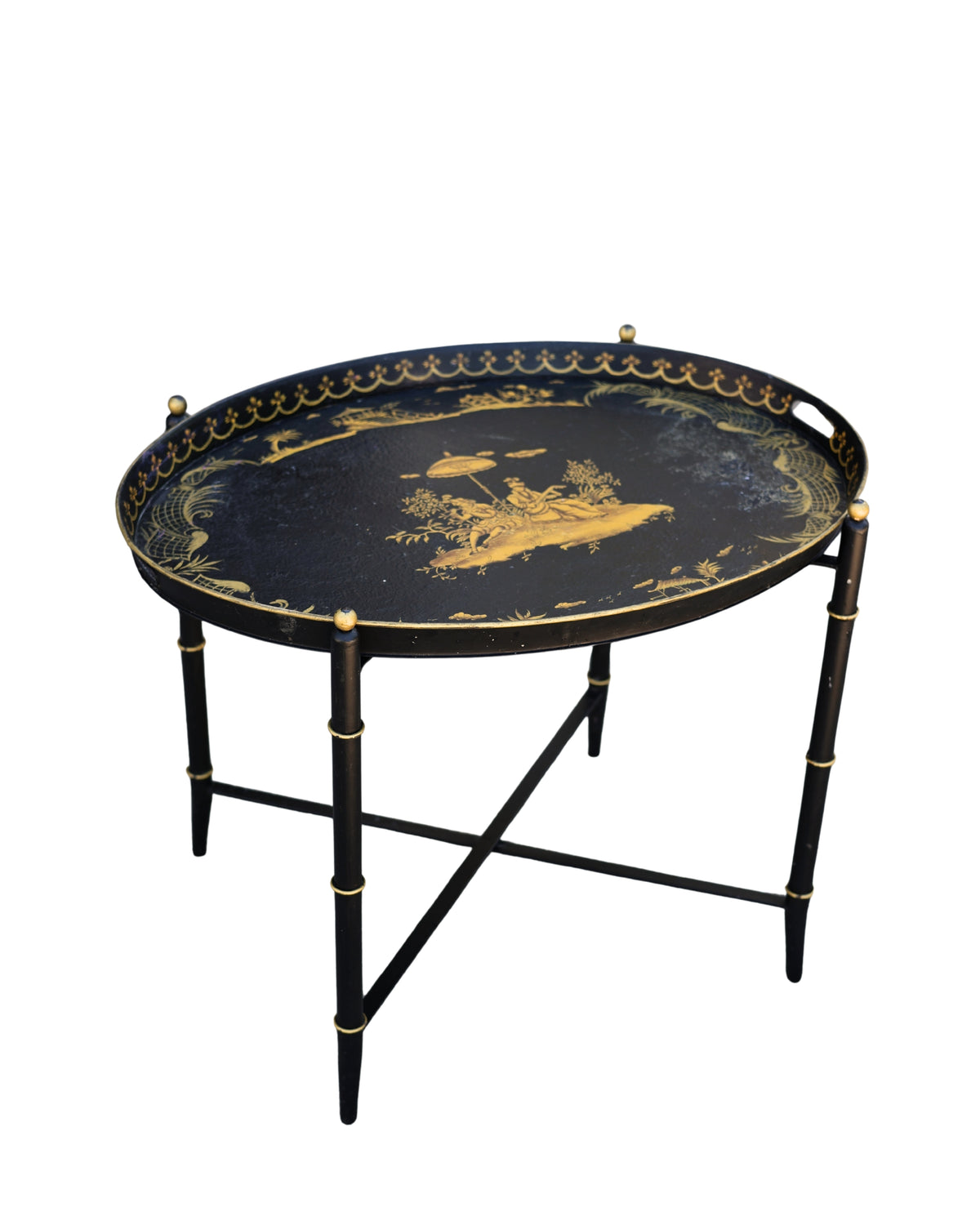 Chinoiserie Tole Tray-Top Table with Faux Bamboo Stand-3