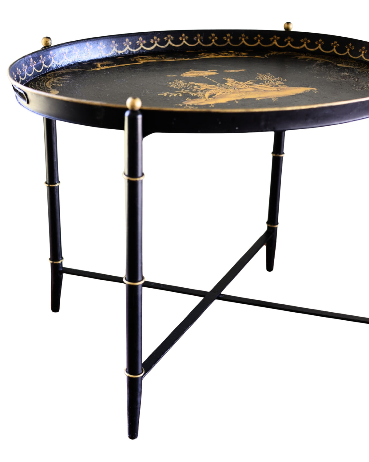 Chinoiserie Tole Tray-Top Table with Faux Bamboo Stand-6