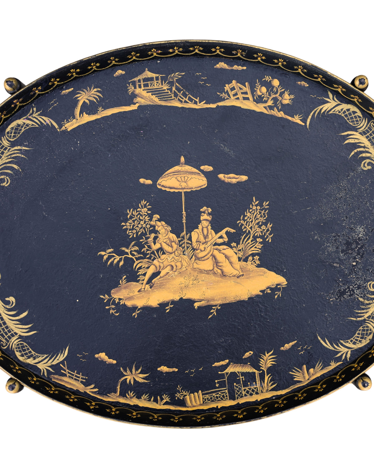 Chinoiserie Tole Tray-Top Table with Faux Bamboo Stand-4