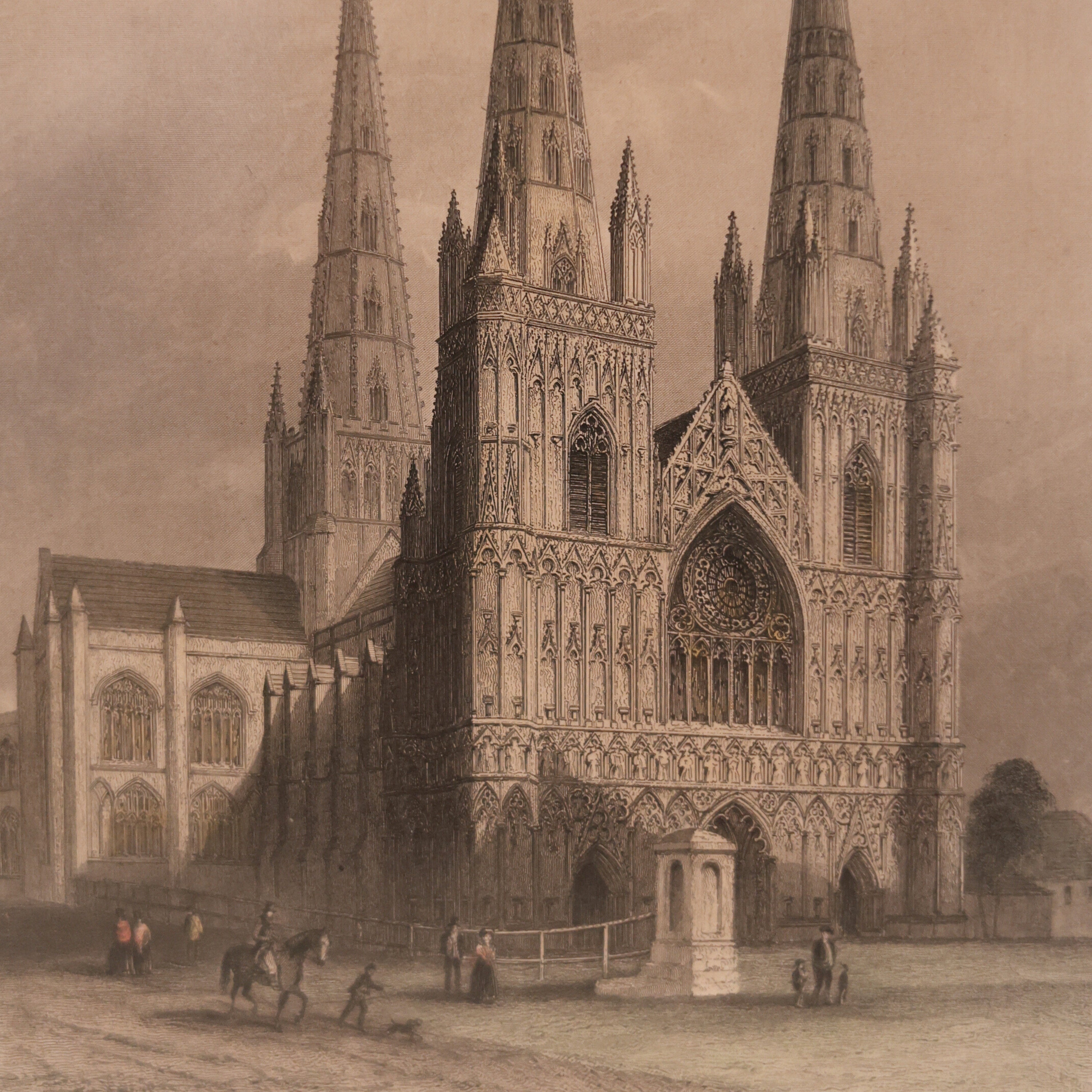 19th c. Steel Engraving of Lichfield Cathedral, West Front (Winkles’ Cathedrals)