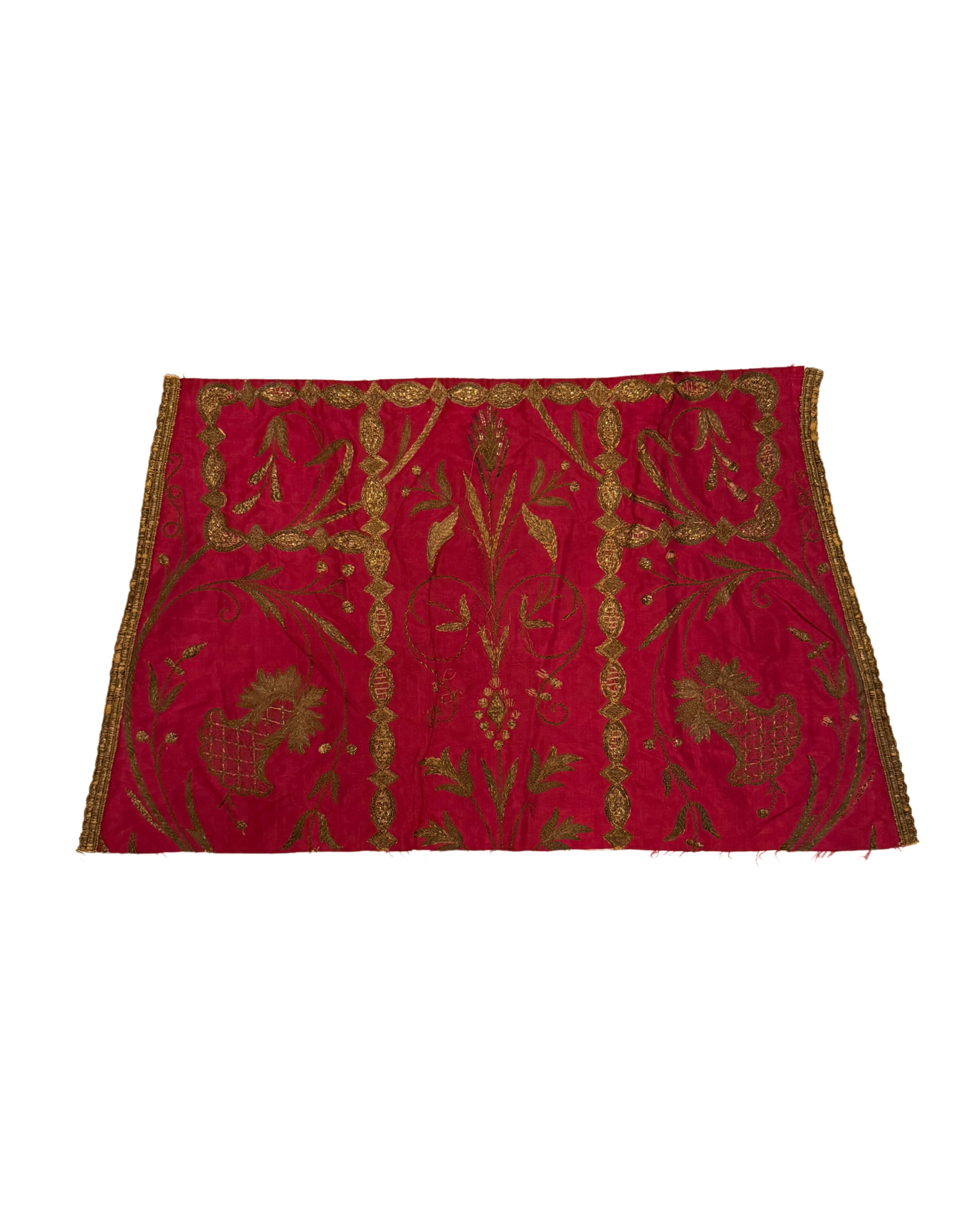 18th c. Fuchsia Embroidered Silk Textile Fragment