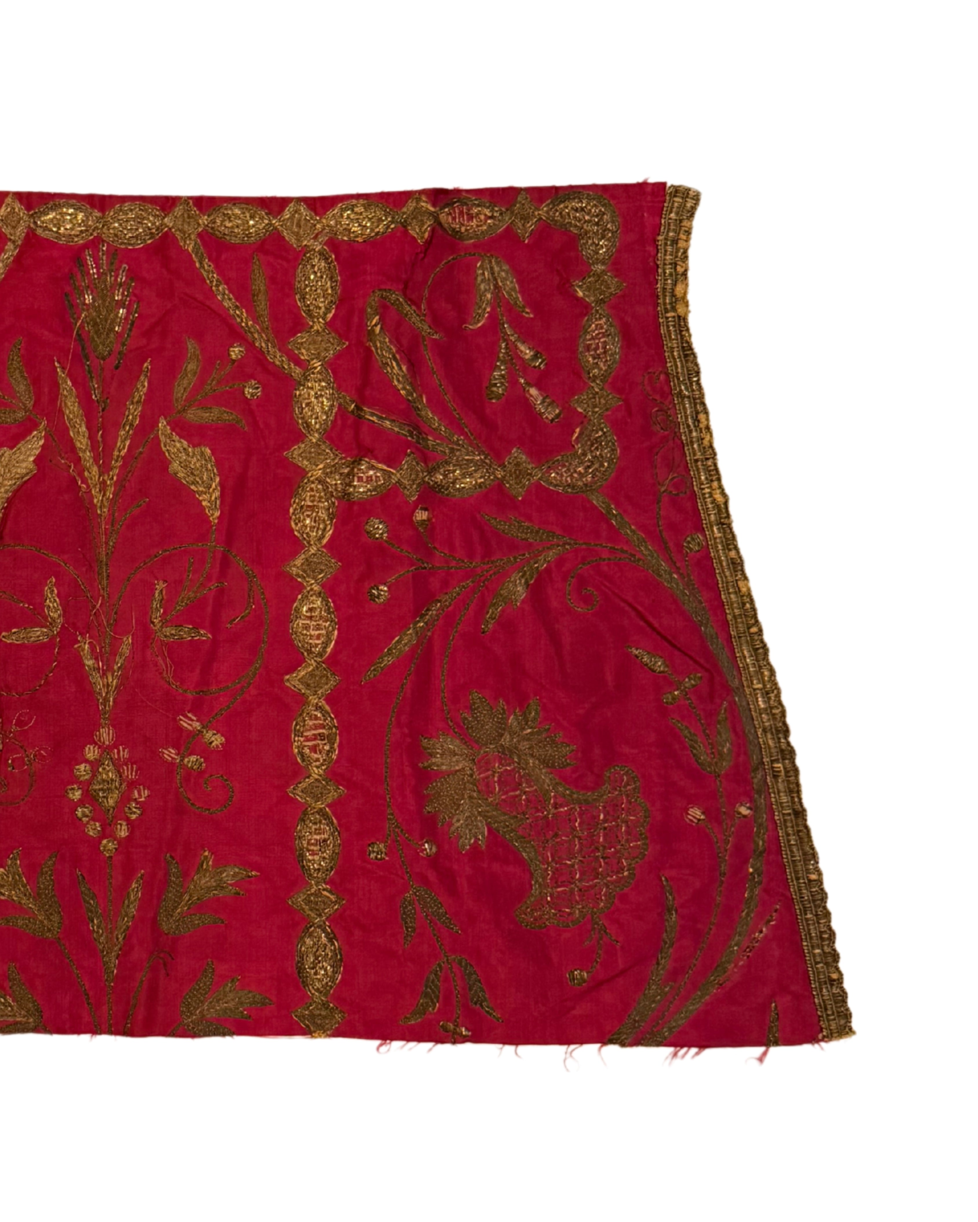 18th c. Fuchsia Embroidered Silk Textile Fragment