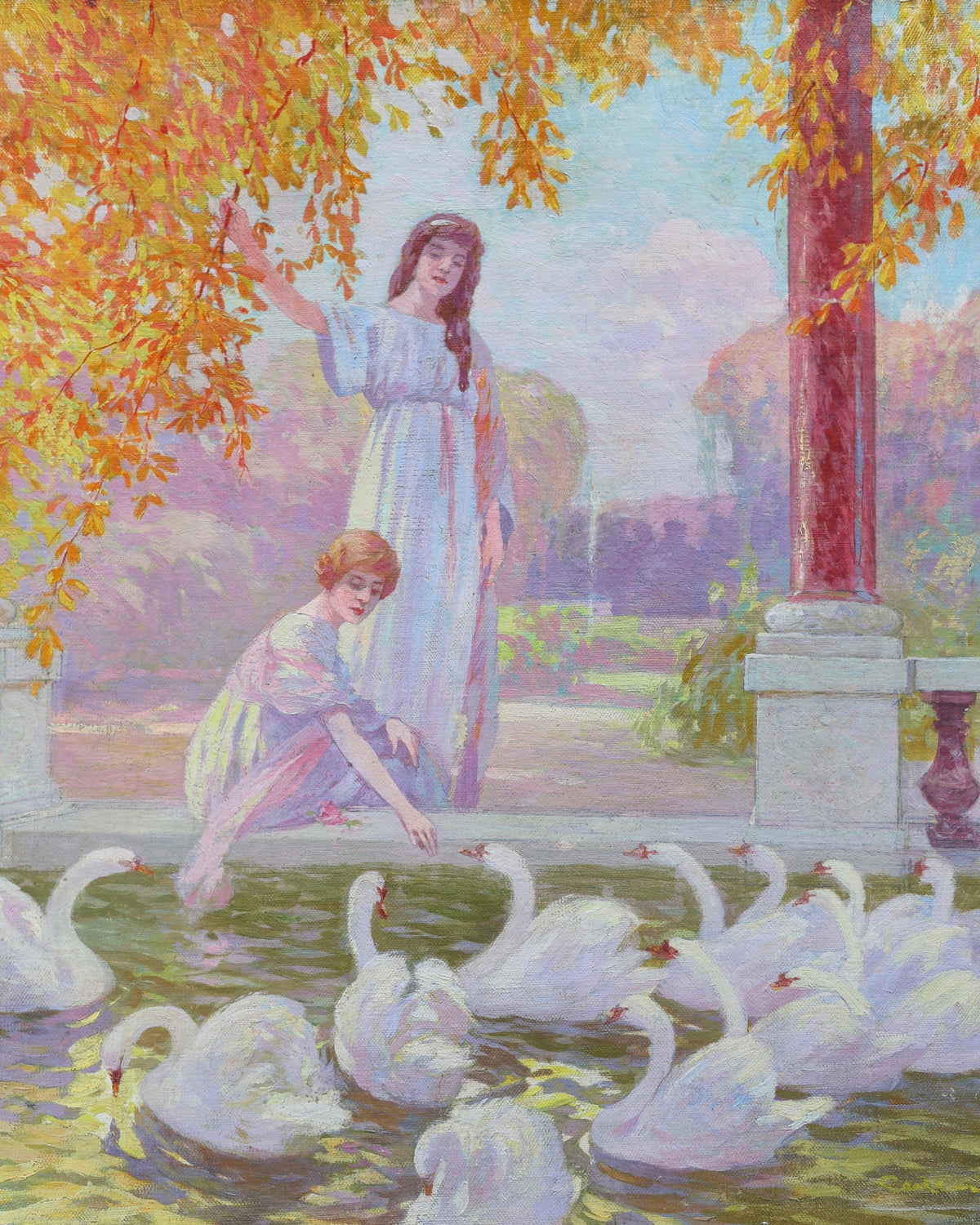 Classical Garden with Swans Painting-2