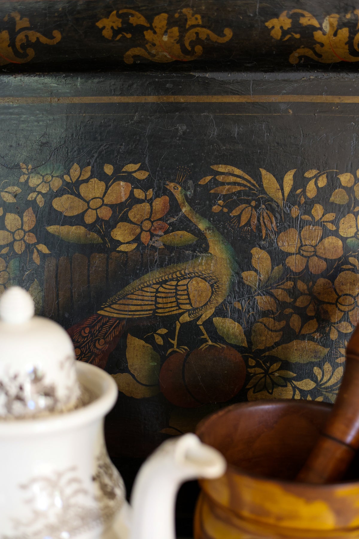 Stenciled Painted Peacock Toleware Tray-1