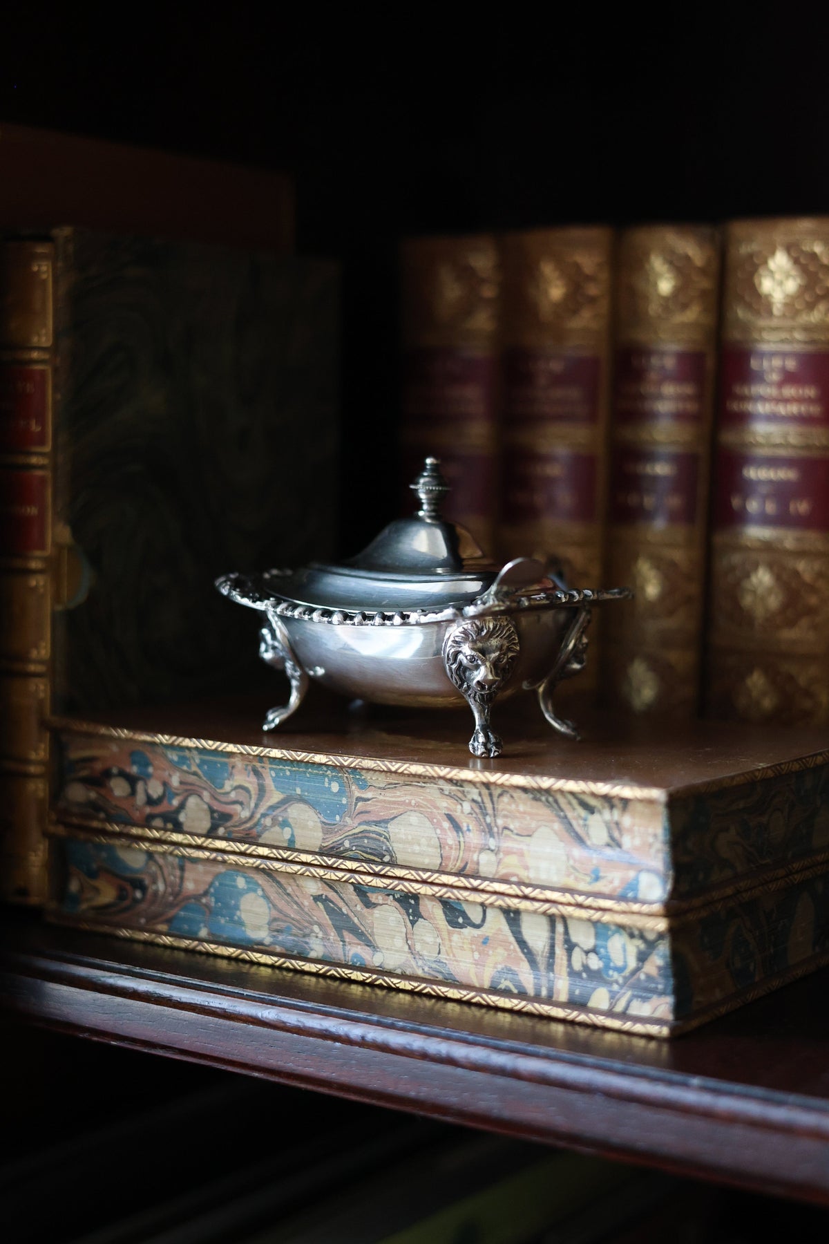 An ornate silver metal lidded bowl or candelabra-style vessel with sculpted feet and a decorative handle, placed on top of a patterned antique book in front of a row of gold-bound books on a dark shelf.