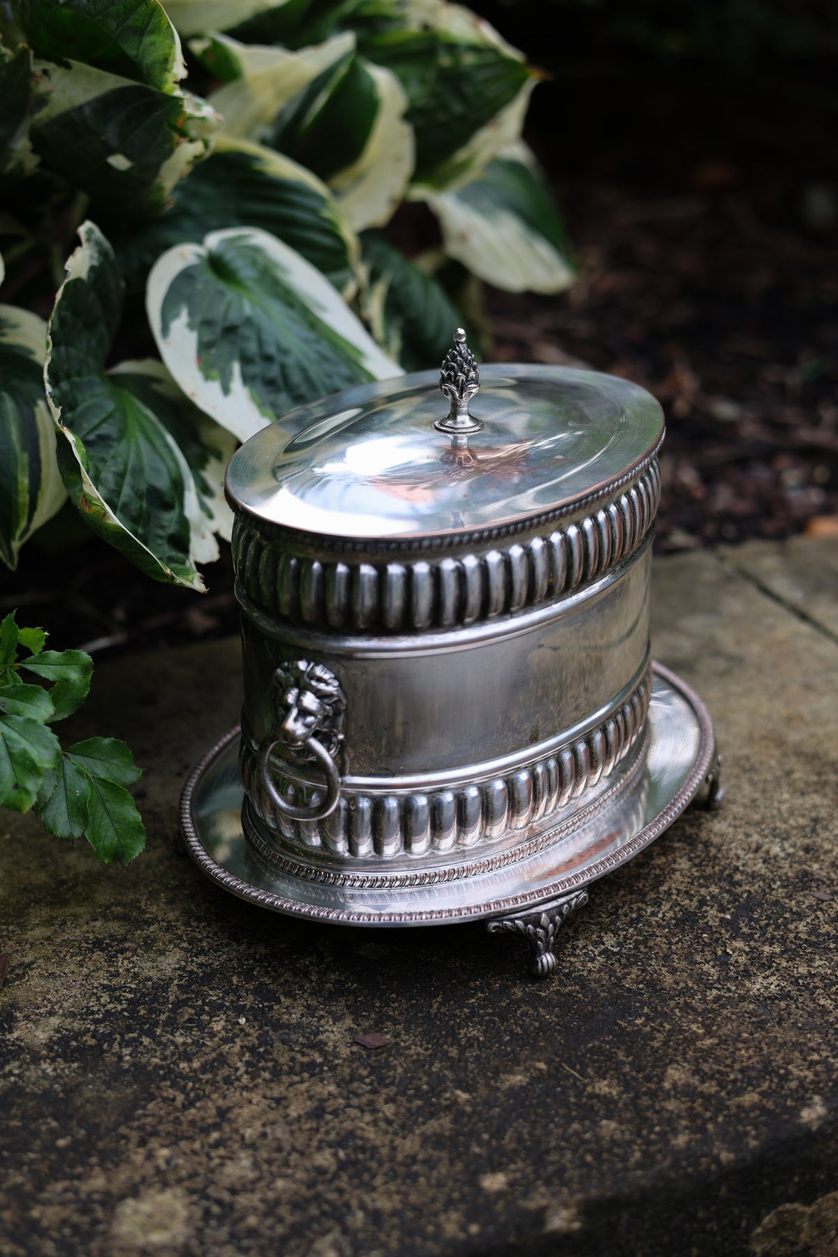 Lion Mask Silver on Copper Biscuit Barrel-1