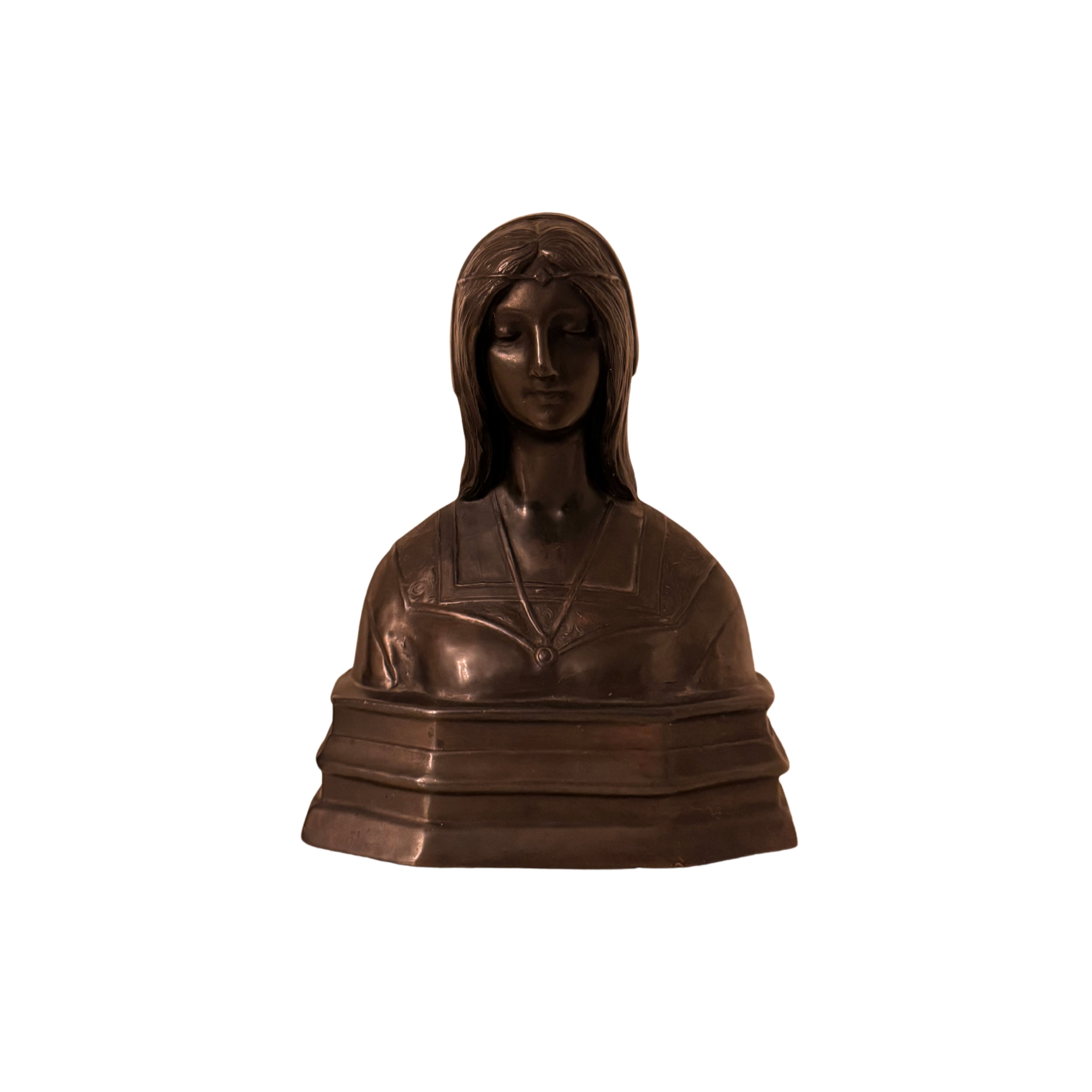 Bronze bust of a woman on a white background