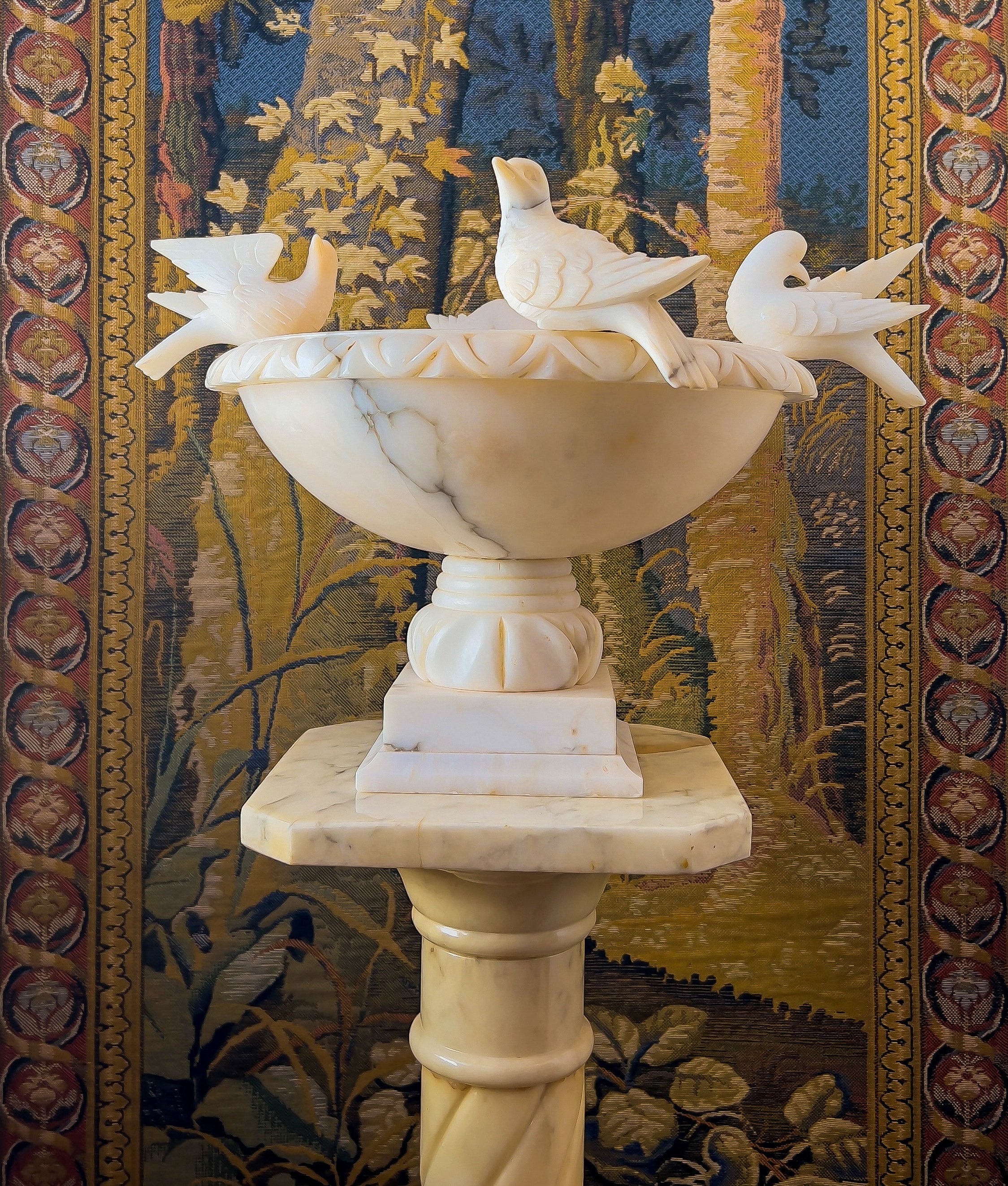 Alabaster Bird bath, vintage, Italian alabaster, french tapestry