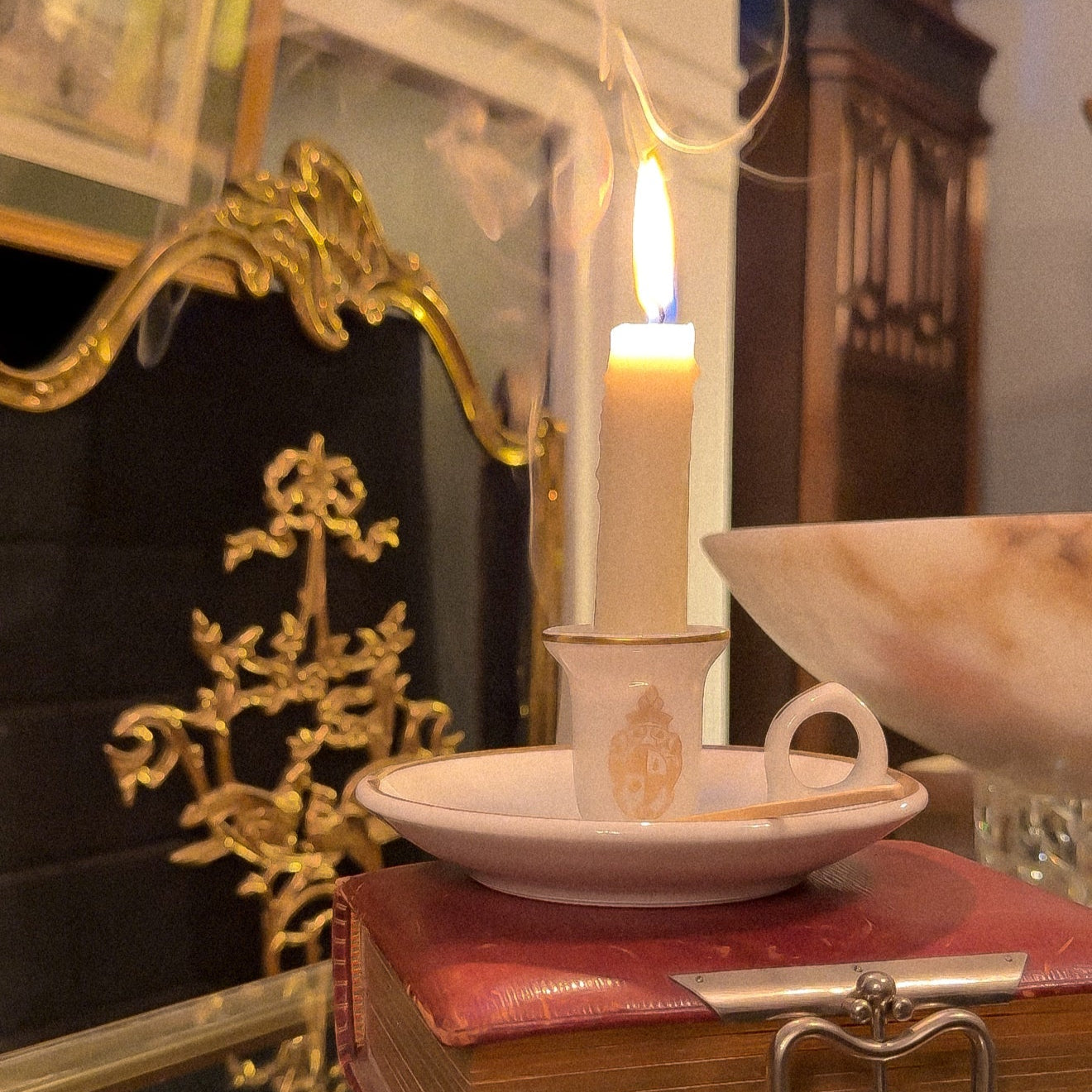 Porcelain Chamberstick with Gilt Crest
