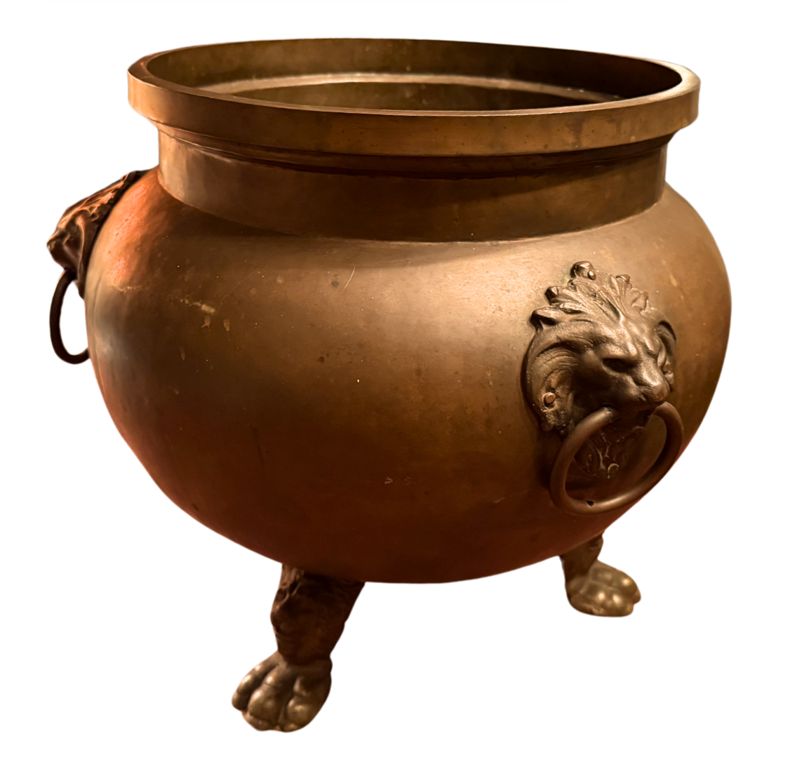 17" Brass Lion Head Planter Cauldron