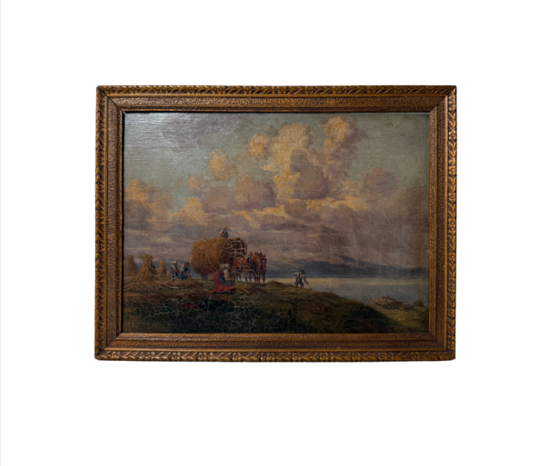 Antique European Farm Hay Bale Scene