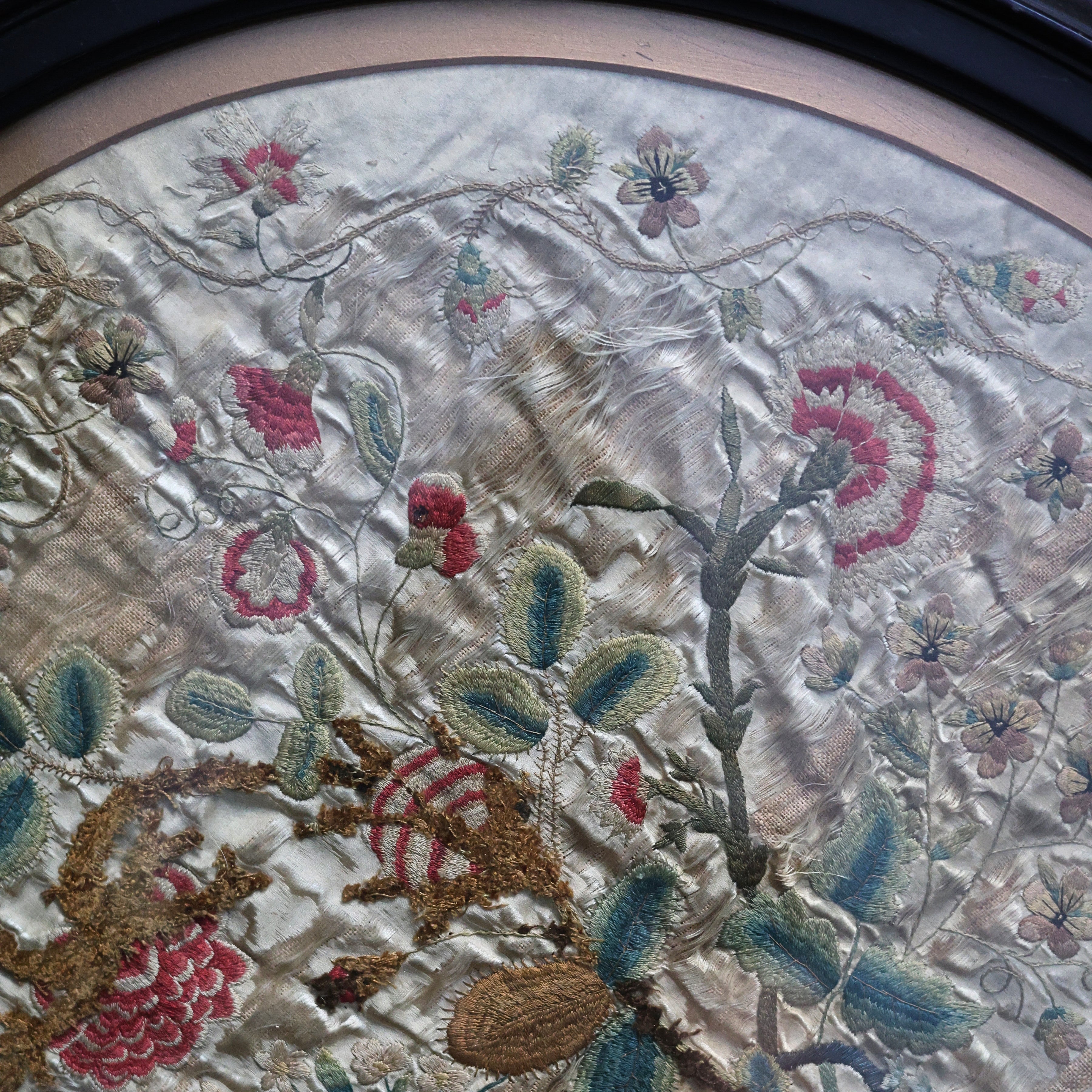 Late 18th c. Folk Art Silk Stumpwork Floral Embroidery, B